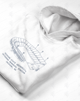 White unisex pullover hoodie with large printed stadium arch graphic on chest
