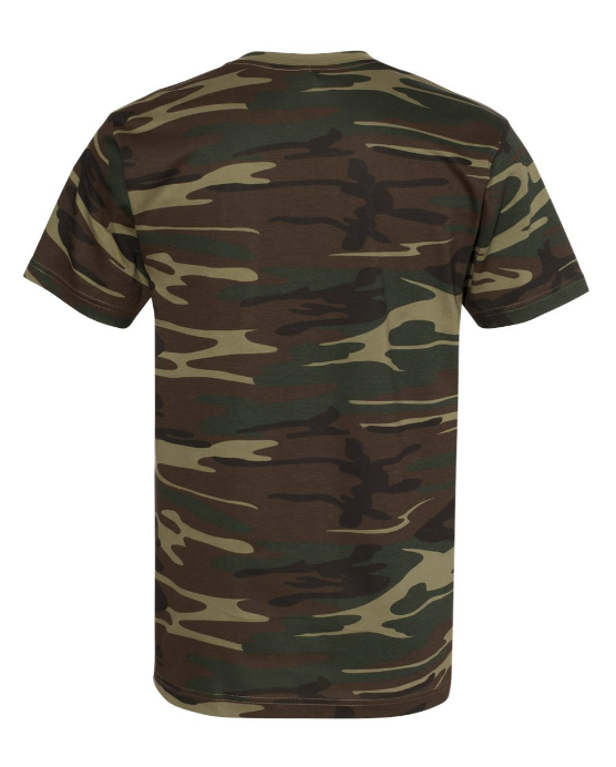 Unisex crew neck camo T-shirt back view in dark green and tan