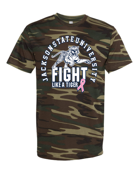 Unisex crew neck camo T-shirt with Fight Like a Tiger graphic, dark green and tan