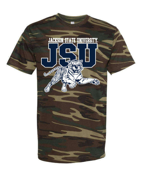 Unisex crew neck woodland camo T-shirt with JSU logo and leaping tiger front graphic