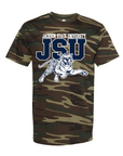 Unisex crew neck woodland camo T-shirt with JSU logo and leaping tiger front graphic