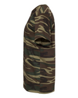 Unisex crew neck camo T-shirt in dark woodland green, side view with sleeve visible