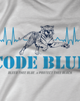 Heather gray T-shirt close-up of Code Blue tiger graphic and heartbeat waveform