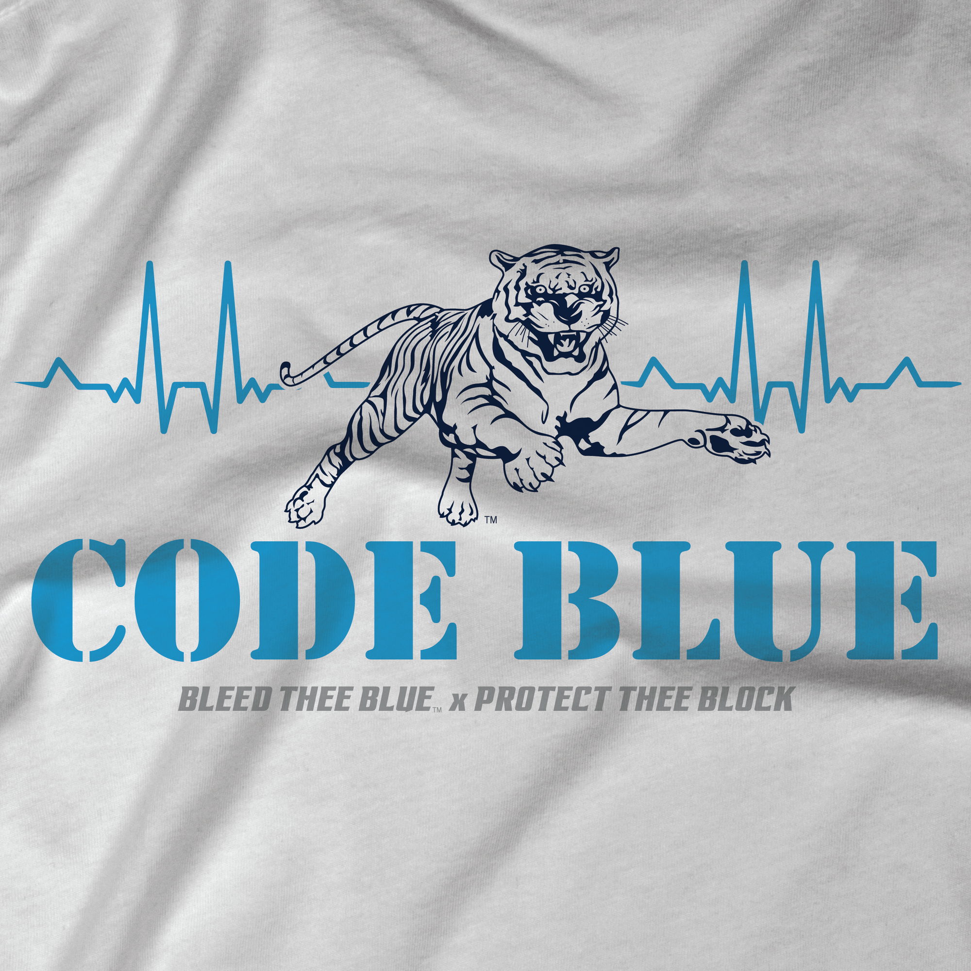 Unisex V-neck t-shirt close-up in heather gray with blue tiger and “Code Blue” text.