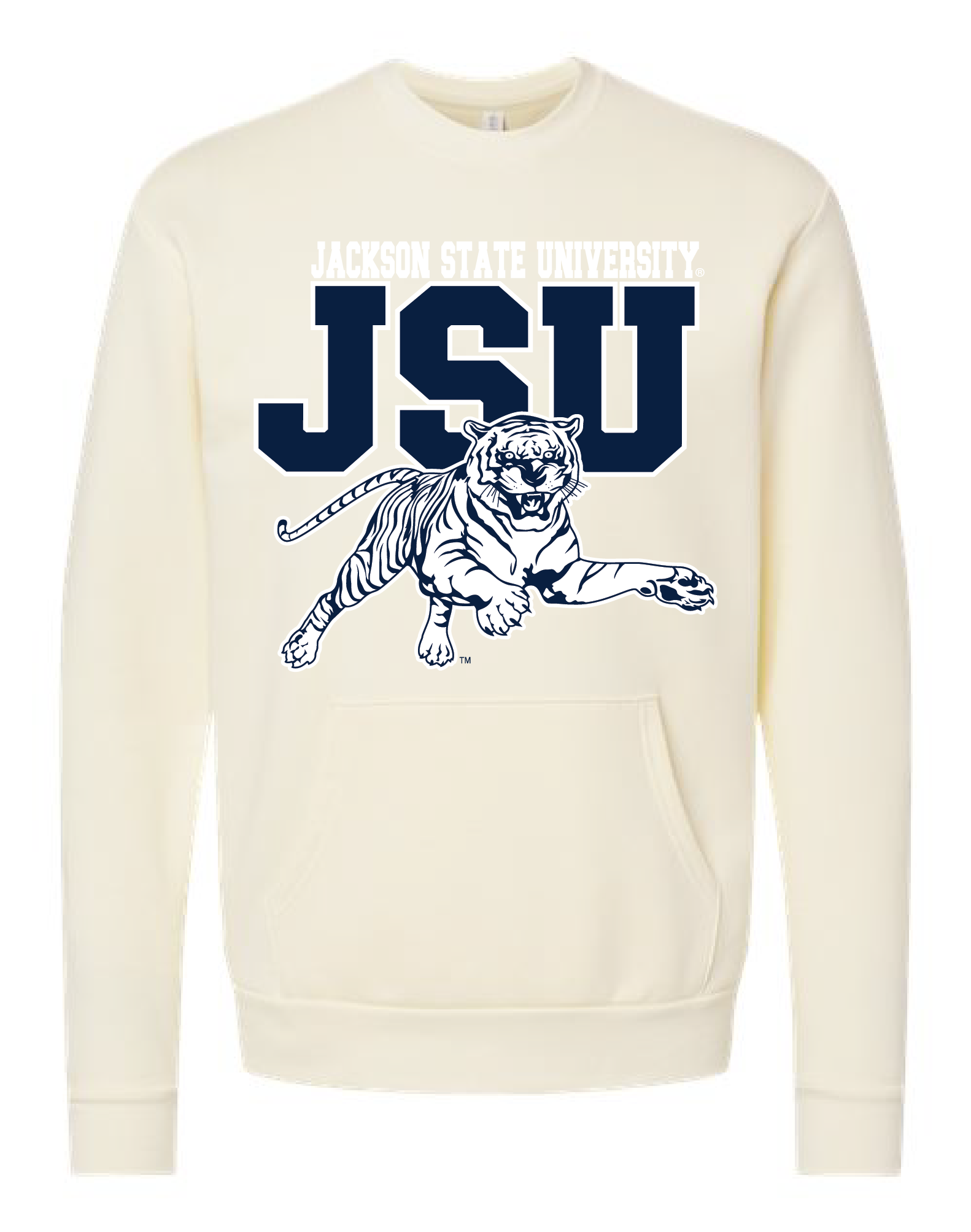 Natural unisex crewneck pocket sweatshirt with leaping tiger and JSU logo graphic