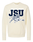 Natural unisex crewneck pocket sweatshirt with leaping tiger and JSU logo graphic