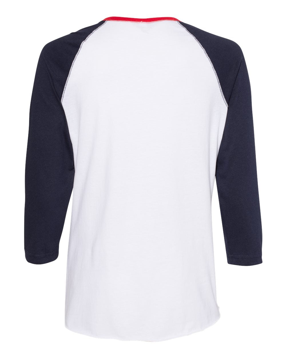 Ladies raglan baseball T-shirt back view, white body with navy sleeves and red neckline