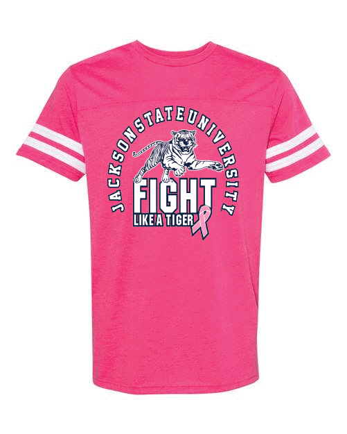 Unisex crewneck football jersey tee, vintage hot pink with Fight Like a Tiger tiger logo