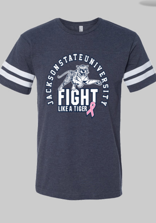 Unisex crewneck football jersey tee, dark navy with Fight Like a Tiger tiger graphic