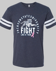 Unisex crewneck football jersey tee, dark navy with Fight Like a Tiger tiger graphic