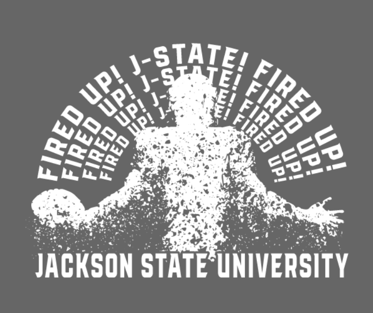 Gray short-sleeve t-shirt with white “JACKSON STATE UNIVERSITY” tiger graphic