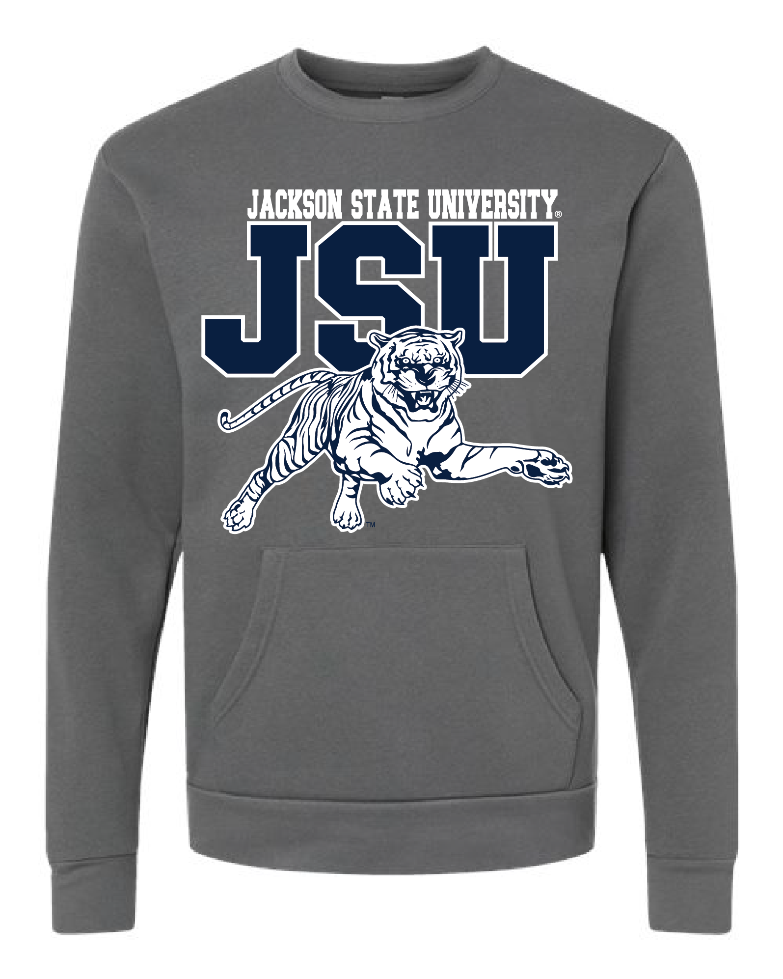 Heavy metal gray unisex crewneck pocket sweatshirt with leaping tiger and JSU logo graphic