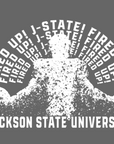 Gray short-sleeve t-shirt with white “JACKSON STATE UNIVERSITY” tiger graphic