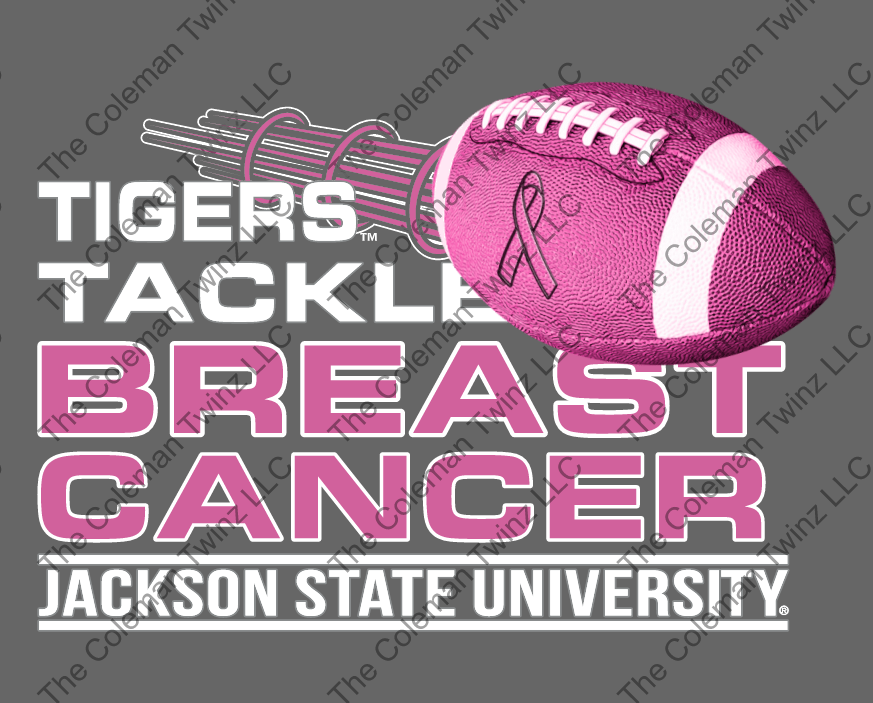 “Tigers Tackle Breast Cancer” chest graphic with football and ribbon on gray background