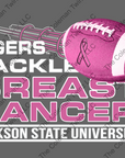 “Tigers Tackle Breast Cancer” chest graphic with football and ribbon on gray background