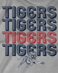 Athletic heather grey unisex crewneck T-shirt with stacked Tigers striped lettering