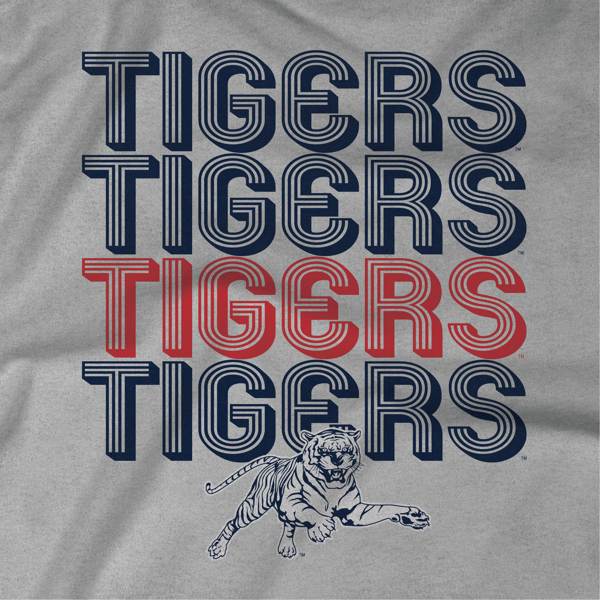 Athletic heather grey v-neck t-shirt with stacked Tigers text and tiger graphic