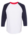 Tri-color raglan T-shirt back view, white body with navy sleeves and red collar