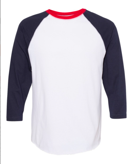 Toddler baseball raglan T-shirt, white body, navy sleeves, red crew collar, rear view
