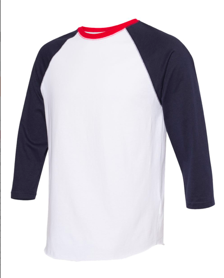 Tri-color raglan T-shirt with white body, navy sleeves, and red collar, side view