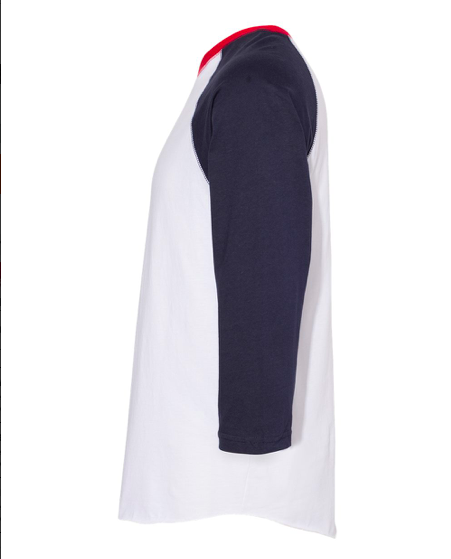 Tri-color raglan T-shirt side profile, white body with navy sleeve and red neck trim