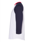 Toddler baseball raglan T-shirt side profile, white body, navy sleeve, red collar