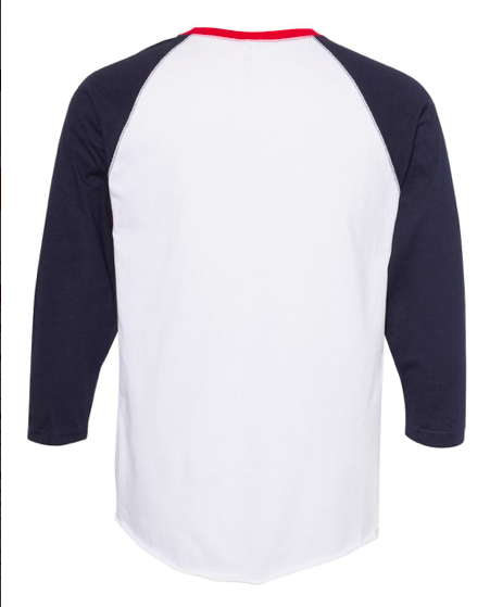 Tri-color raglan T-shirt back view, white body with navy sleeves and red collar