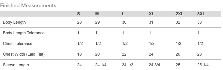 Finished measurements chart: sizes S–3XL with body length, chest, and sleeve lengths