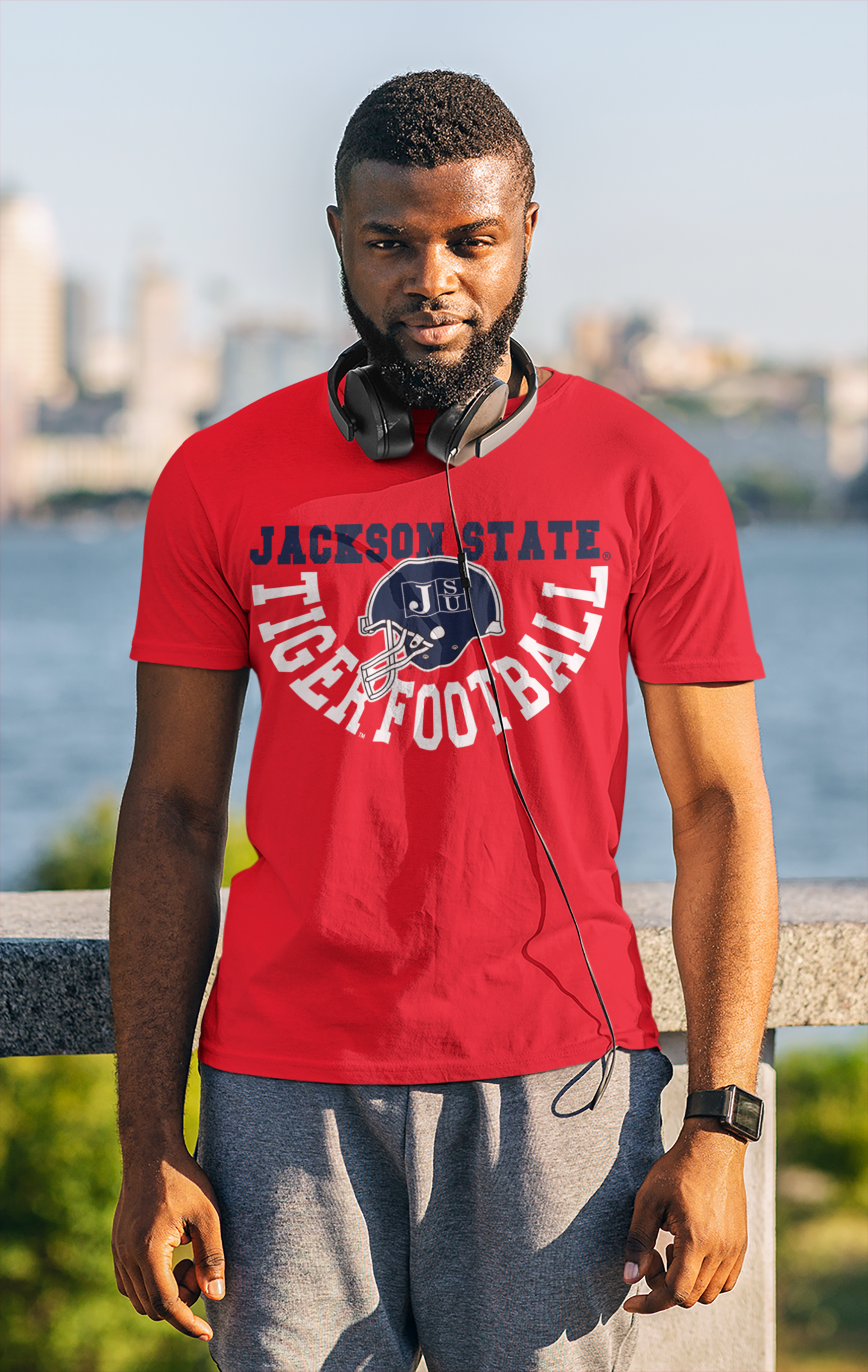 Unisex crew-neck short-sleeve T-shirt with front football logo graphic, red