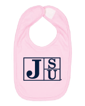 Infant bib in light pink with navy JSU block letter logo