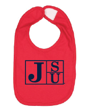 Infant bib in red with navy JSU block letter logo