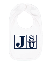 Infant bib in white with navy JSU block letter logo