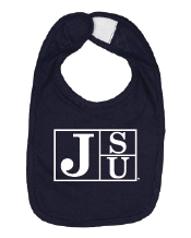Infant bib in dark navy with white JSU block letter logo