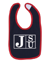 Infant bib in dark navy with red trim and white JSU block letter logo