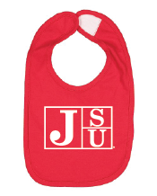 Infant bib in red with white JSU block letter logo patch