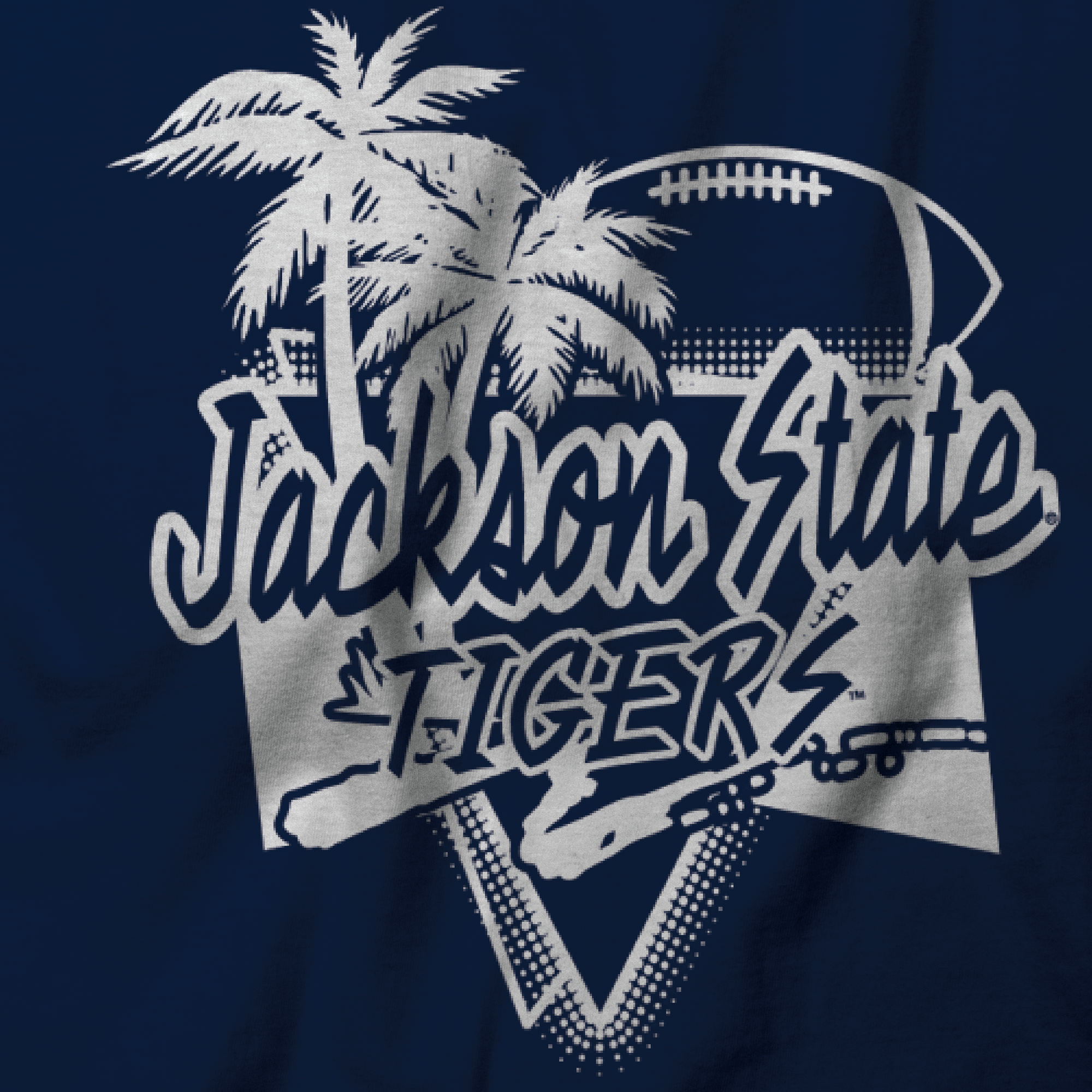 Navy youth crewneck T-shirt close-up of palm-tree Tigers graphic