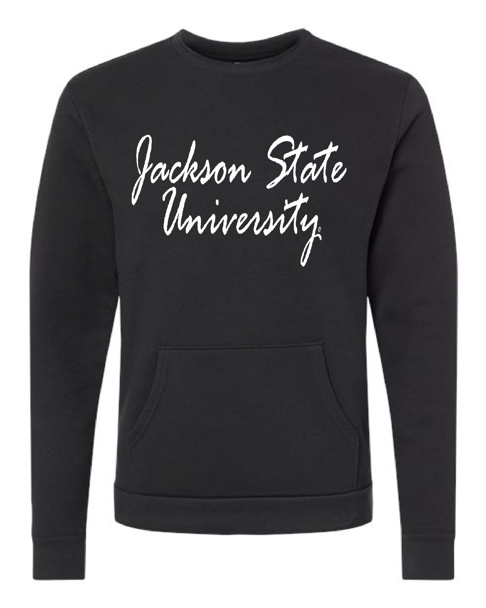 Black unisex crewneck pocket sweatshirt with white “Jackson State University” script front