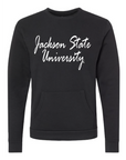 Black unisex crewneck pocket sweatshirt with white “Jackson State University” script front