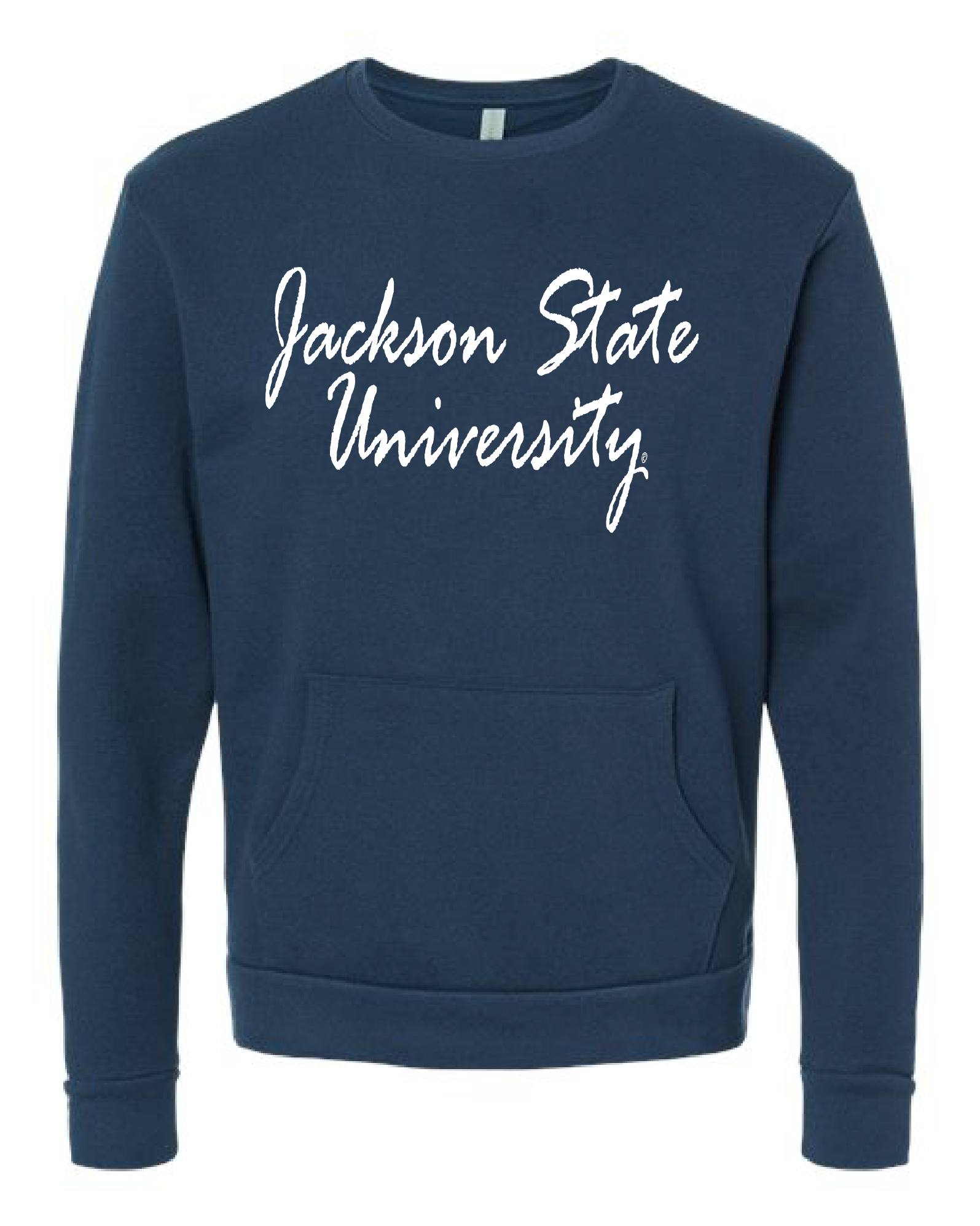 Midnight navy unisex crewneck pocket sweatshirt with white “Jackson State University” script front