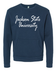 Midnight navy unisex crewneck pocket sweatshirt with white “Jackson State University” script front