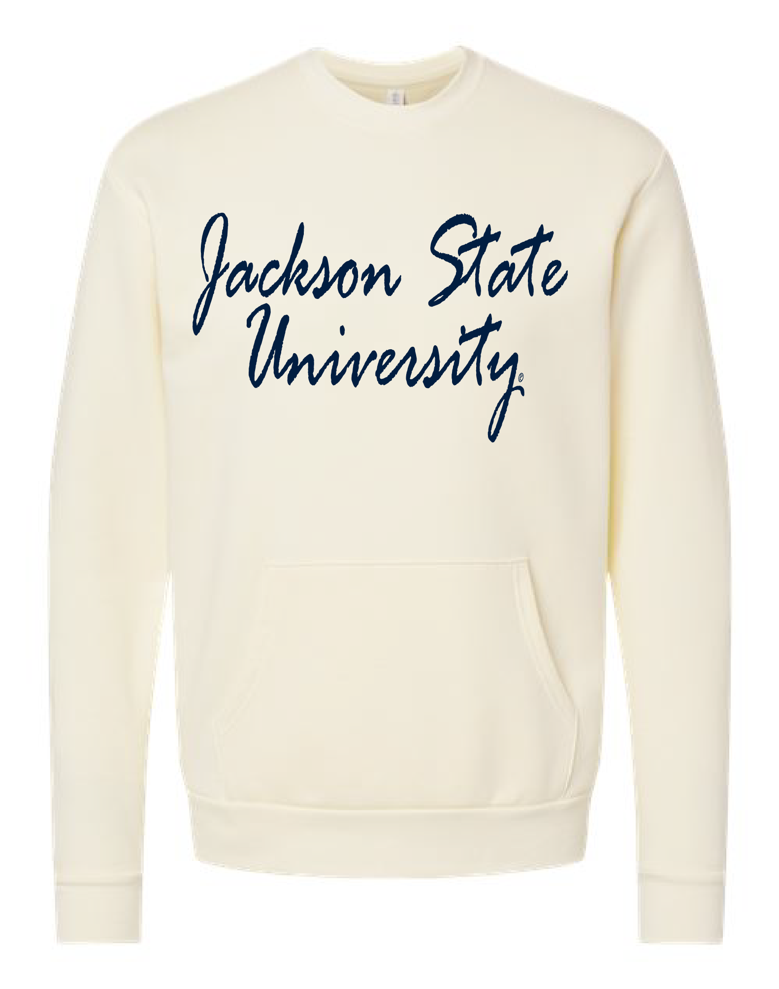 Natural unisex crewneck pocket sweatshirt with navy “Jackson State University” script front