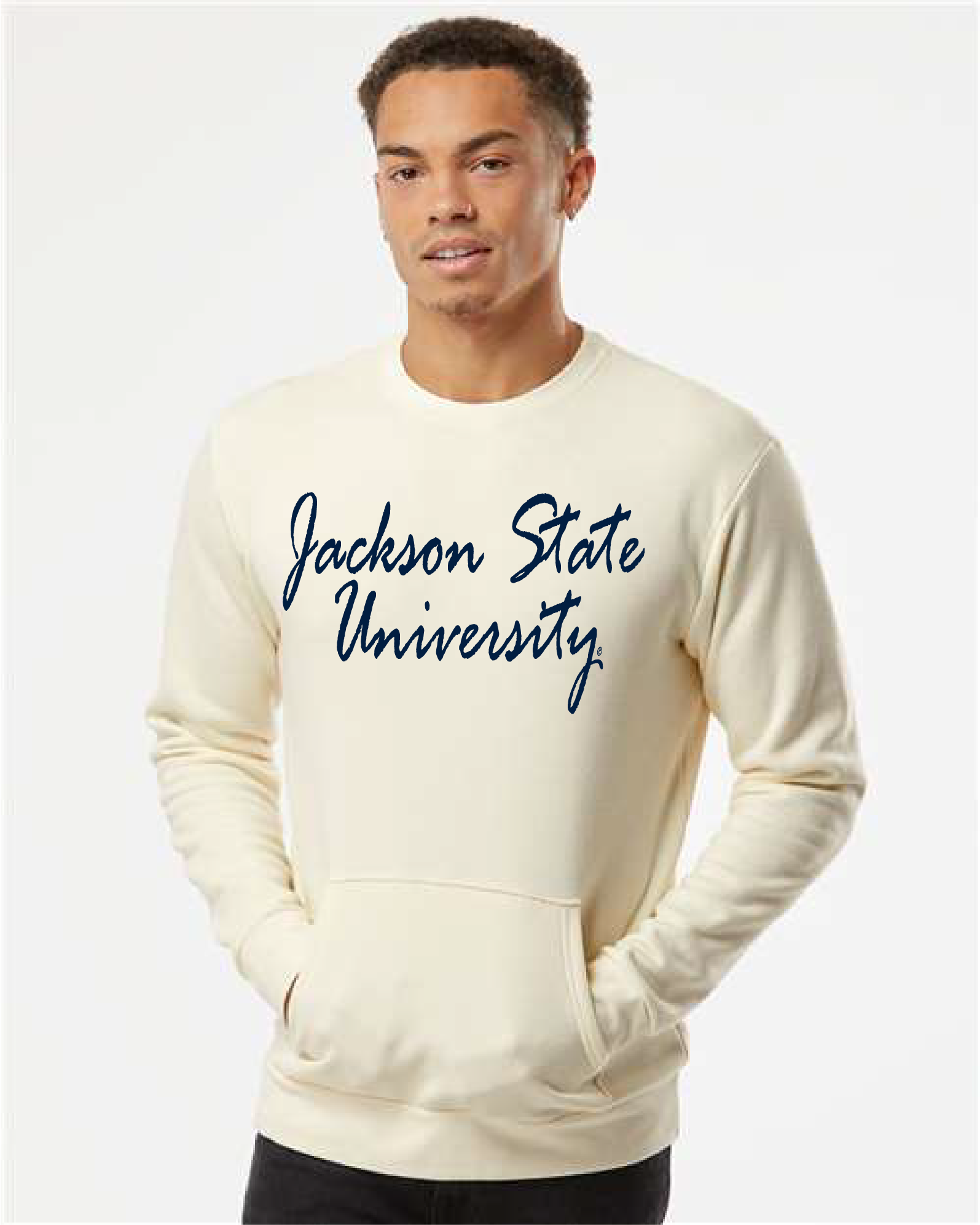Natural unisex crewneck pocket sweatshirt with blue “Jackson State University” script front