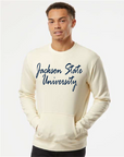 Natural unisex crewneck pocket sweatshirt with blue “Jackson State University” script front