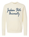 Natural unisex crewneck pocket sweatshirt with navy “Jackson State University” script front