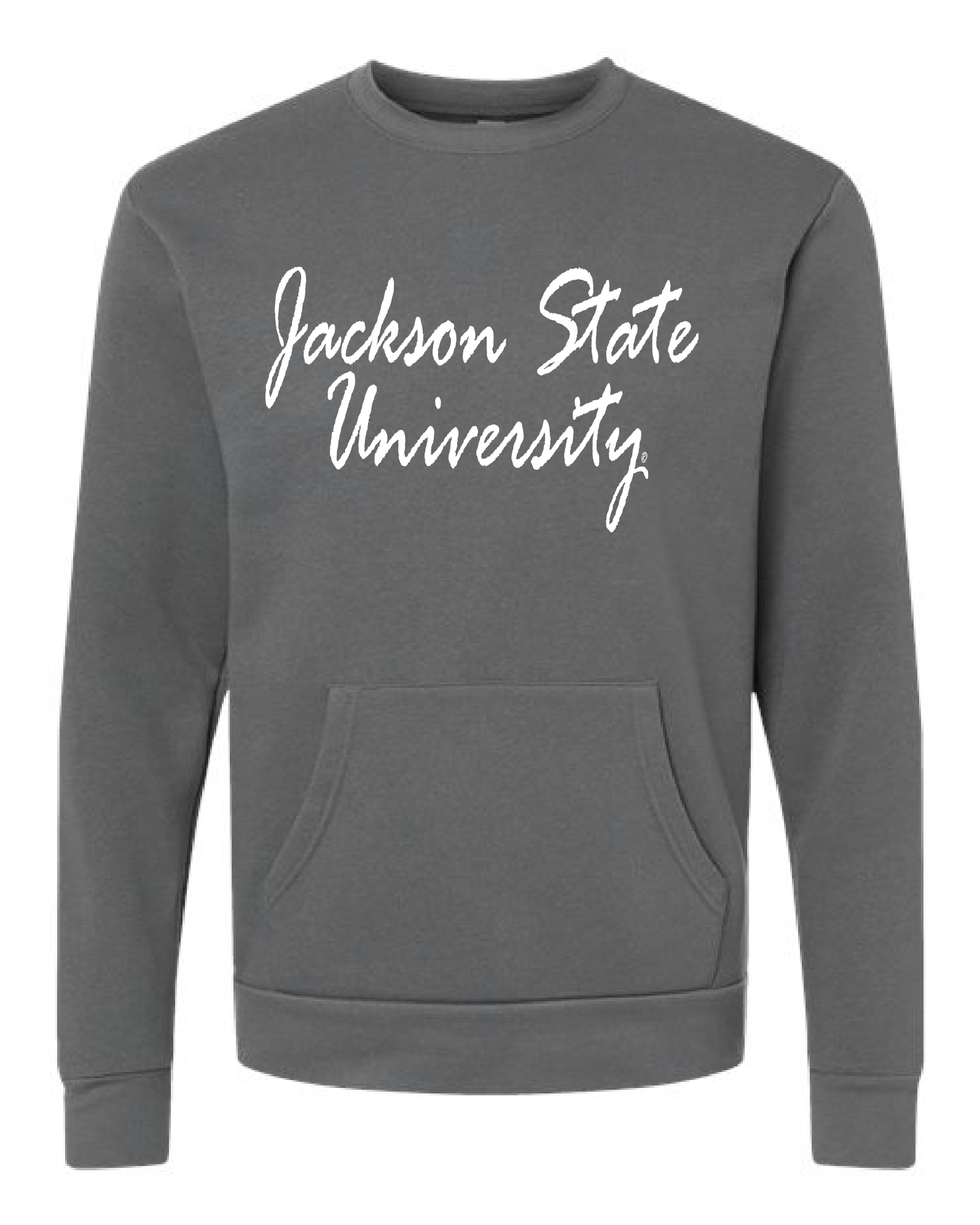 Heavy metal gray unisex crewneck pocket sweatshirt with white “Jackson State University” script front