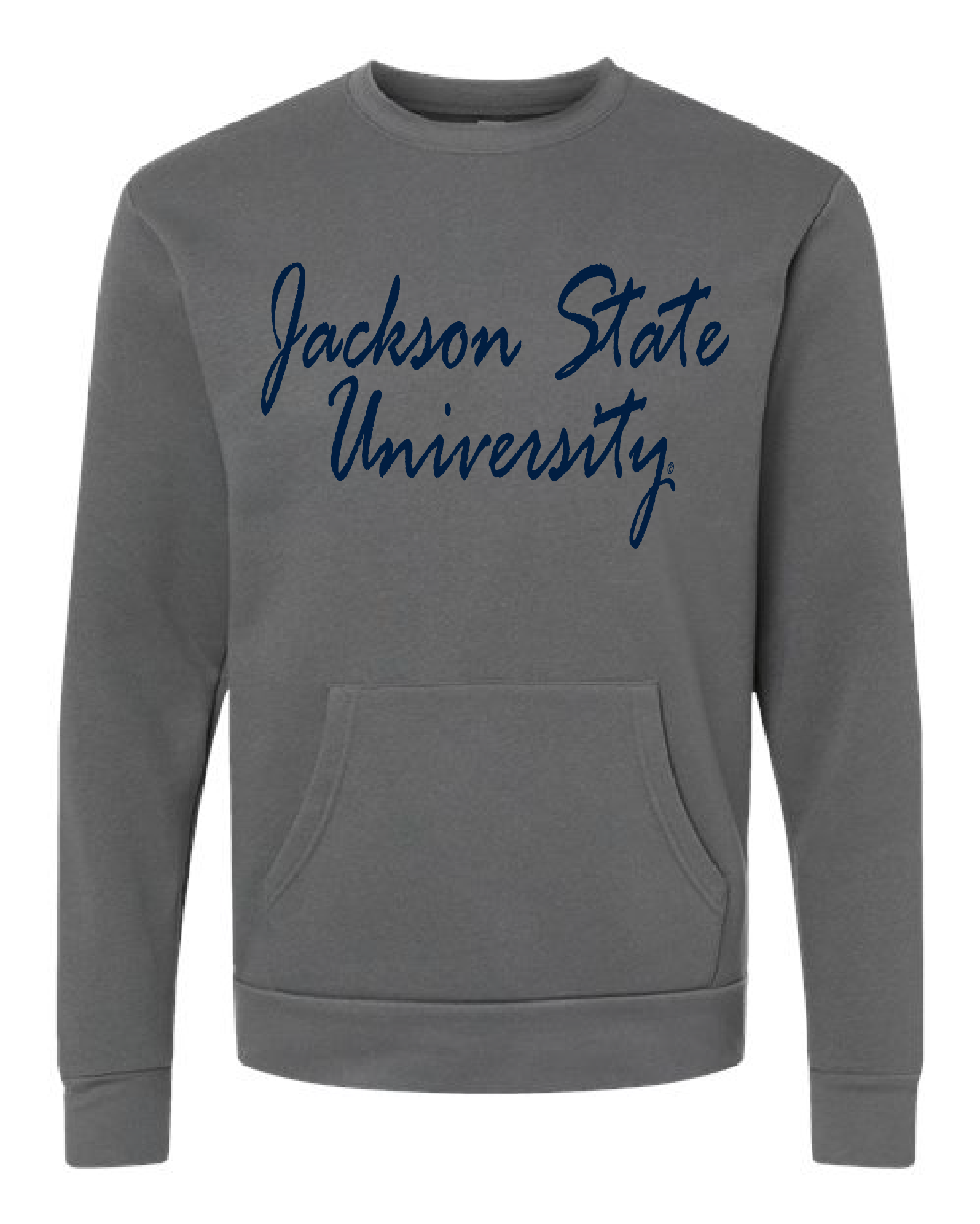 Heavy metal gray unisex crewneck pocket sweatshirt with blue “Jackson State University” script front