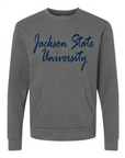 Heavy metal gray unisex crewneck pocket sweatshirt with blue “Jackson State University” script front