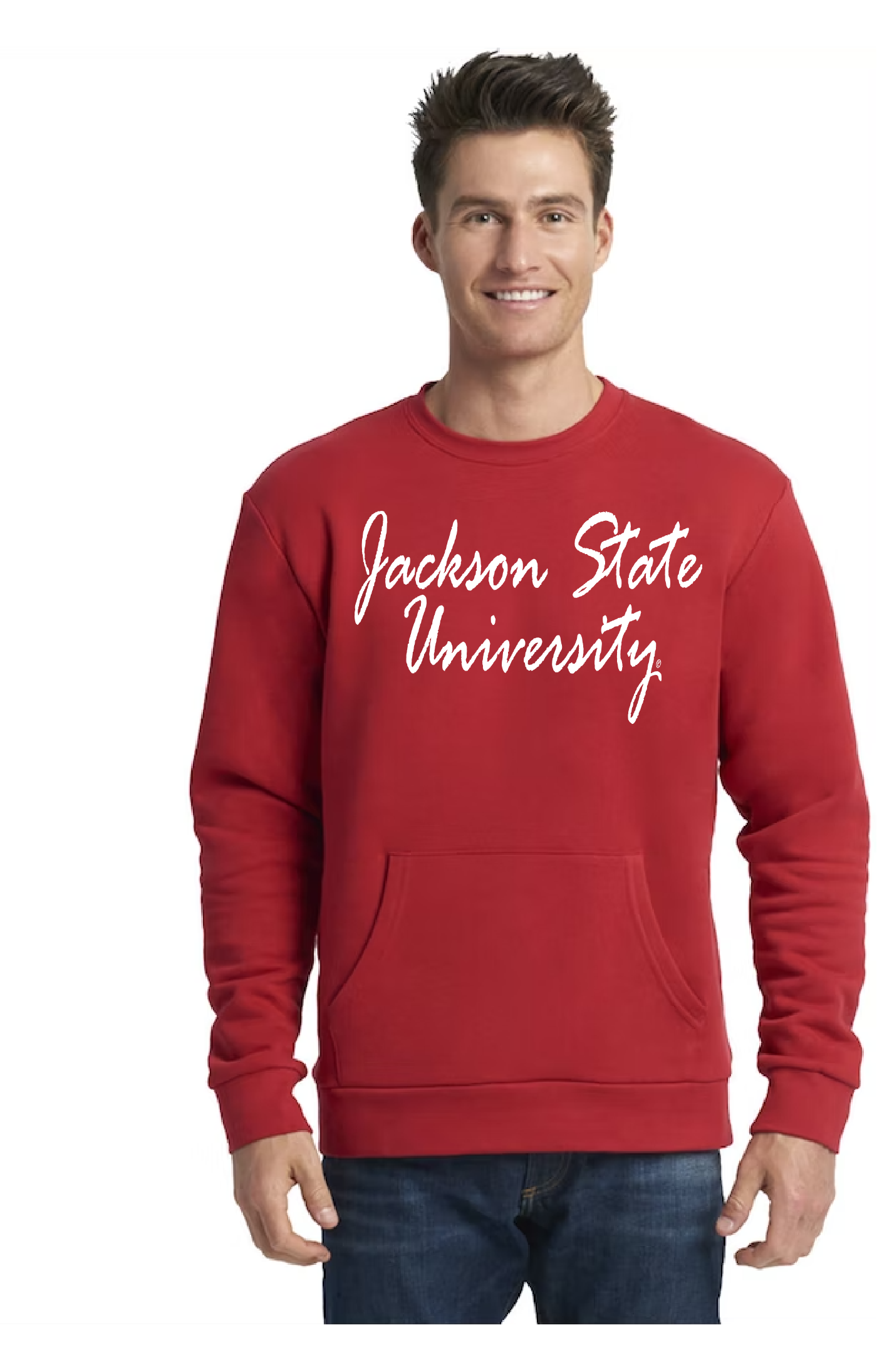 Red unisex crewneck pocket sweatshirt with white “Jackson State University” script front