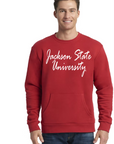 Red unisex crewneck pocket sweatshirt with white “Jackson State University” script front