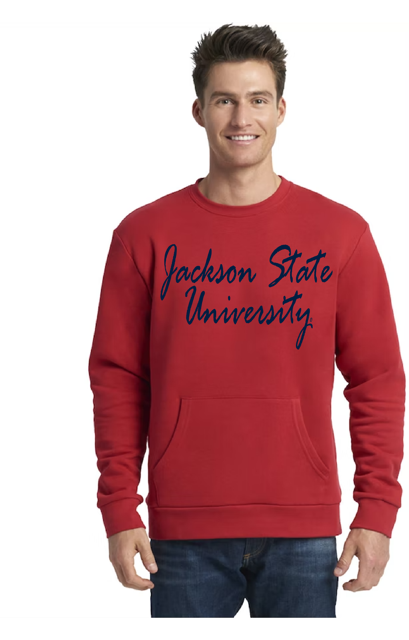 Red unisex crewneck pocket sweatshirt with white “Jackson State University” script front